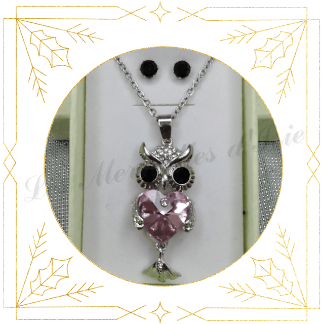 Parure Chouette rose et puces noires