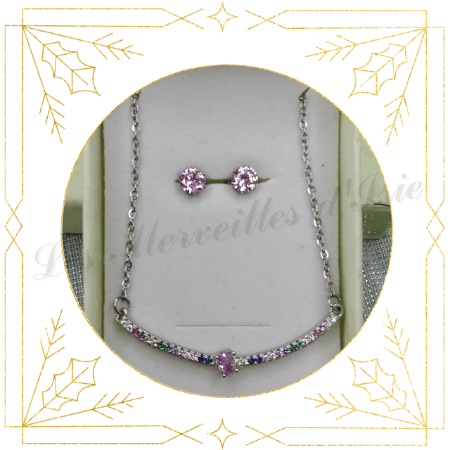 Parure collier court multicolore et puces roses